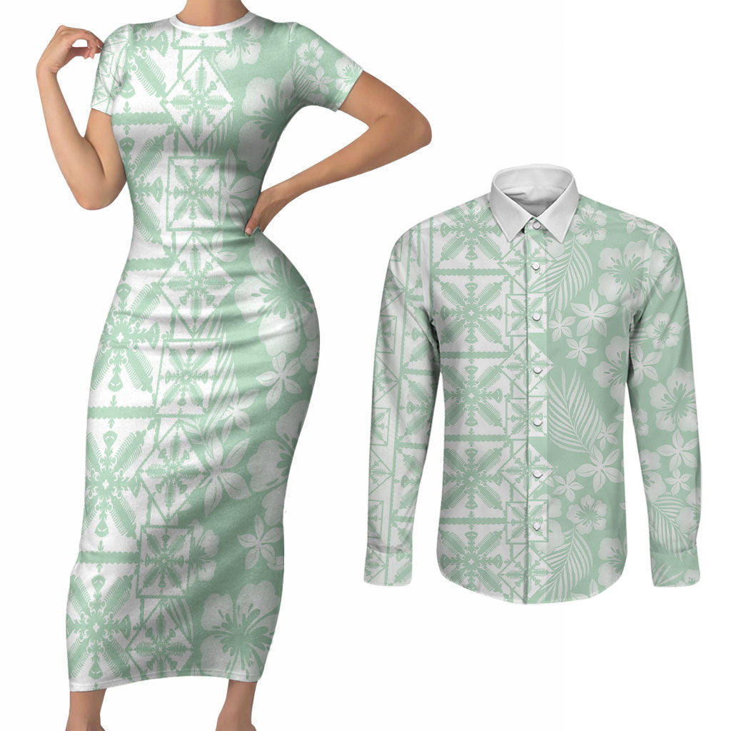 Pastel Green Kahili Quilt Hawaii Couples Matching Short Sleeve Bodycon Dress and Long Sleeve Button Shirt Tropical Flower Seamless Half Style LT14 Green - Polynesian Pride