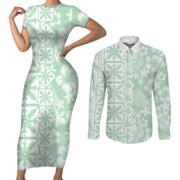 Pastel Green Kahili Quilt Hawaii Couples Matching Short Sleeve Bodycon Dress and Long Sleeve Button Shirt Tropical Flower Seamless Half Style LT14 Green - Polynesian Pride
