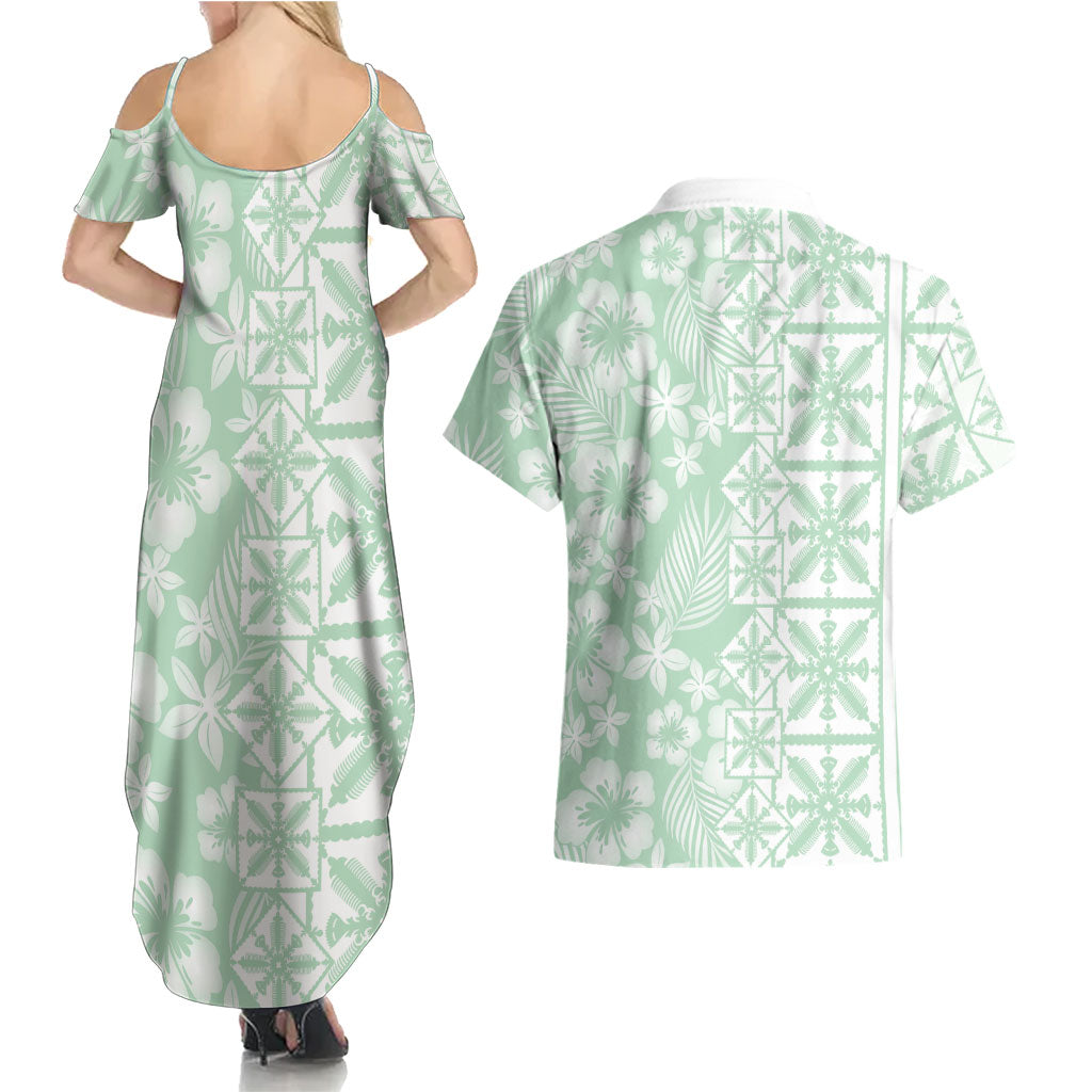 Pastel Green Kahili Quilt Hawaii Couples Matching Summer Maxi Dress and Hawaiian Shirt Tropical Flower Seamless Half Style LT14 - Polynesian Pride