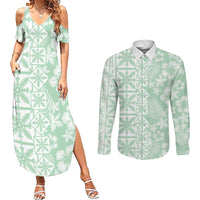 Pastel Green Kahili Quilt Hawaii Couples Matching Summer Maxi Dress and Long Sleeve Button Shirt Tropical Flower Seamless Half Style LT14 Green - Polynesian Pride