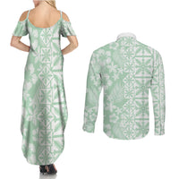 Pastel Green Kahili Quilt Hawaii Couples Matching Summer Maxi Dress and Long Sleeve Button Shirt Tropical Flower Seamless Half Style LT14 - Polynesian Pride