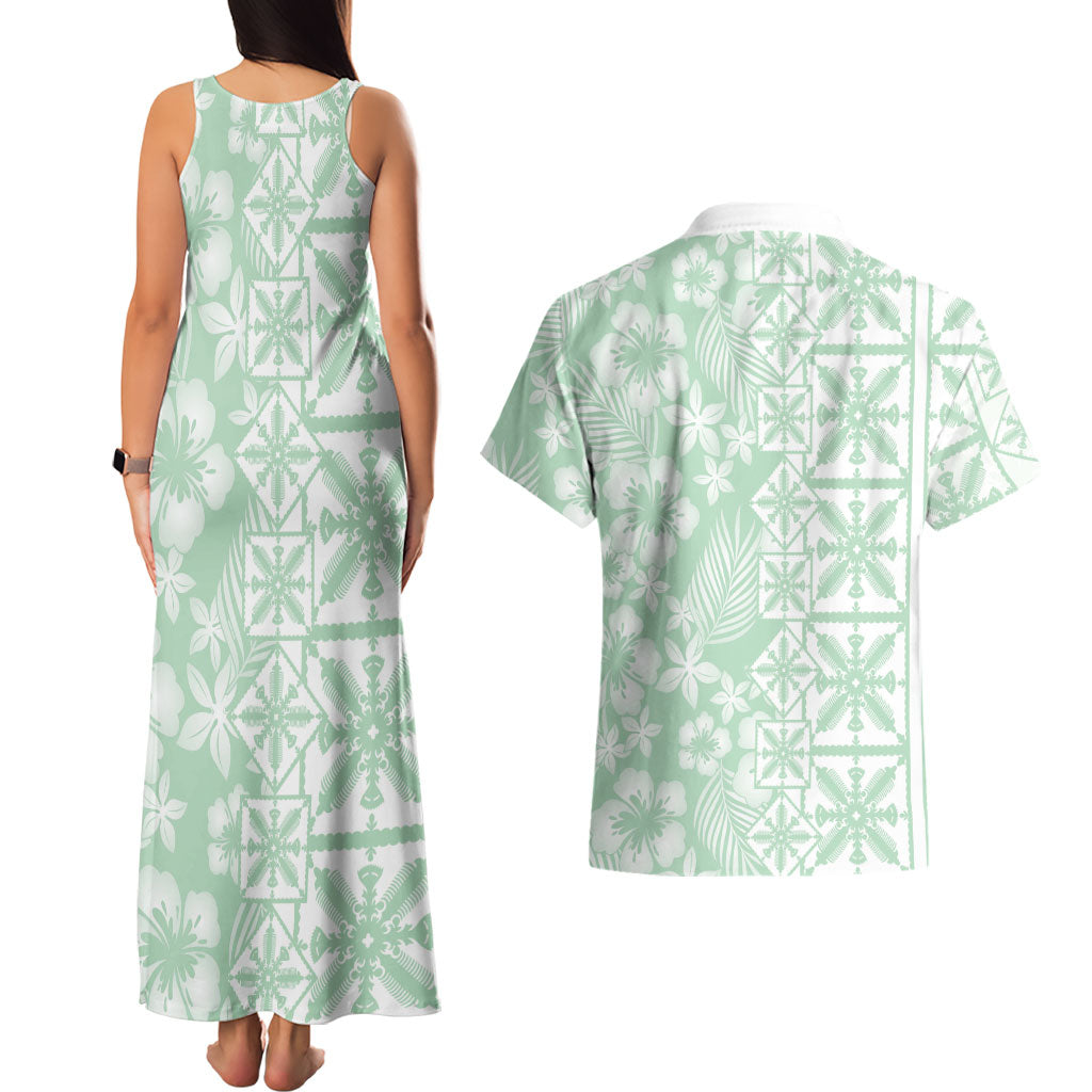 Pastel Green Kahili Quilt Hawaii Couples Matching Tank Maxi Dress and Hawaiian Shirt Tropical Flower Seamless Half Style LT14 - Polynesian Pride