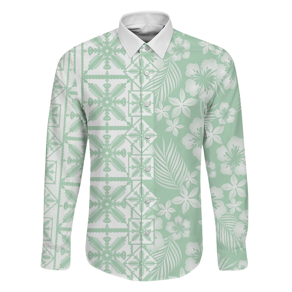 Pastel Green Kahili Quilt Hawaii Family Matching Long Sleeve Bodycon Dress and Hawaiian Shirt Tropical Flower Seamless Half Style LT14 Dad's Shirt - Long Sleeve Green - Polynesian Pride