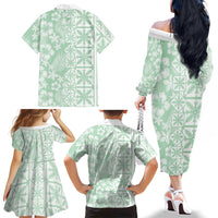 Pastel Green Kahili Quilt Hawaii Family Matching Off The Shoulder Long Sleeve Dress and Hawaiian Shirt Tropical Flower Seamless Half Style LT14 - Polynesian Pride