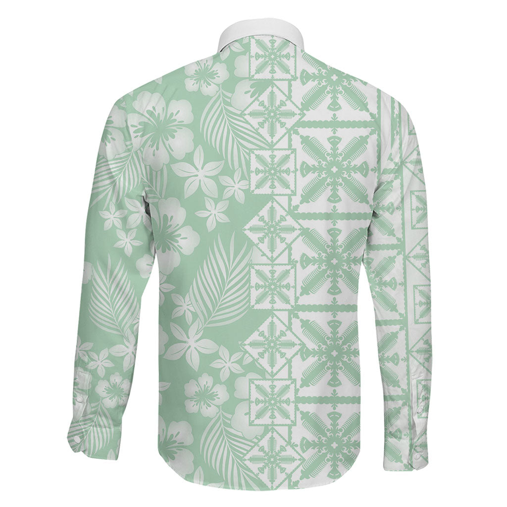 Pastel Green Kahili Quilt Hawaii Family Matching Off The Shoulder Long Sleeve Dress and Hawaiian Shirt Tropical Flower Seamless Half Style LT14 - Polynesian Pride