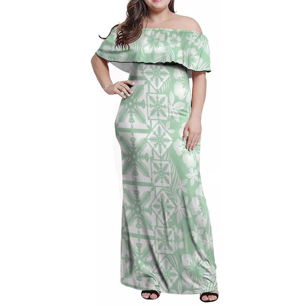 Pastel Green Kahili Quilt Hawaii Family Matching Off Shoulder Maxi Dress and Hawaiian Shirt Tropical Flower Seamless Half Style LT14 Mom's Dress Green - Polynesian Pride