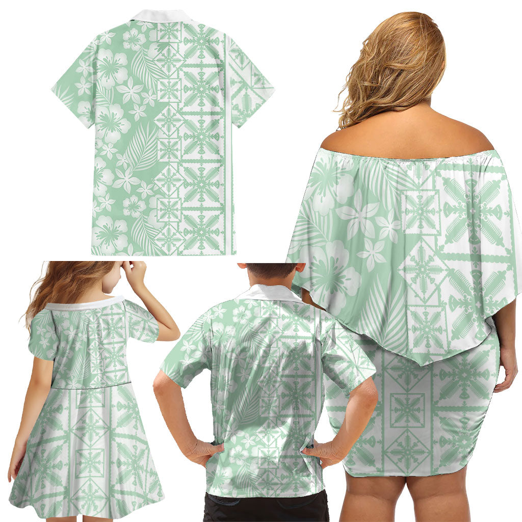 Pastel Green Kahili Quilt Hawaii Family Matching Off Shoulder Short Dress and Hawaiian Shirt Tropical Flower Seamless Half Style LT14 - Polynesian Pride