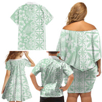Pastel Green Kahili Quilt Hawaii Family Matching Off Shoulder Short Dress and Hawaiian Shirt Tropical Flower Seamless Half Style LT14 - Polynesian Pride