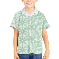 Pastel Green Kahili Quilt Hawaii Family Matching Off Shoulder Short Dress and Hawaiian Shirt Tropical Flower Seamless Half Style LT14 Son's Shirt Green - Polynesian Pride