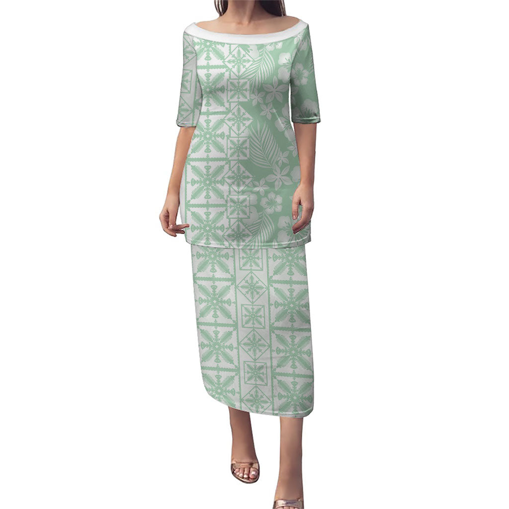 Pastel Green Kahili Quilt Hawaii Family Matching Puletasi and Hawaiian Shirt Tropical Flower Seamless Half Style LT14 Mom's Dress Green - Polynesian Pride