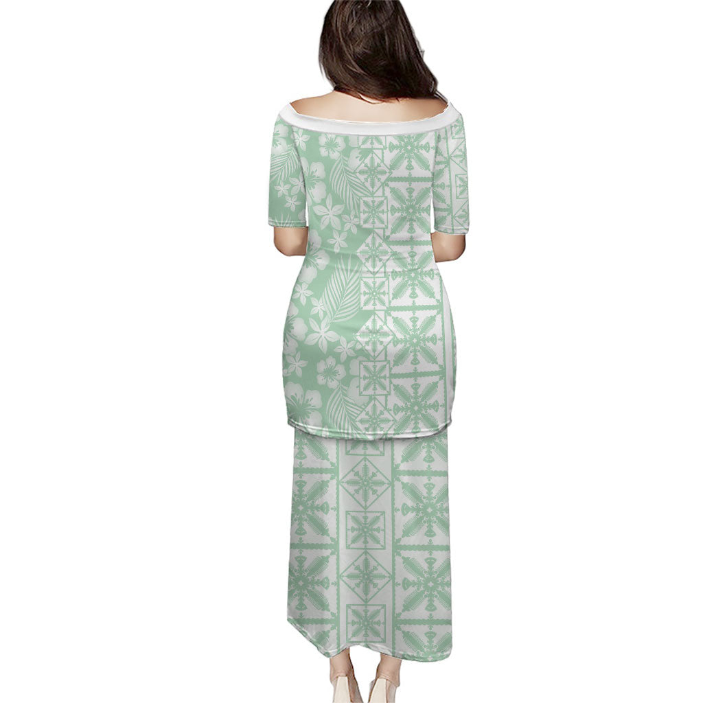 Pastel Green Kahili Quilt Hawaii Family Matching Puletasi and Hawaiian Shirt Tropical Flower Seamless Half Style LT14 - Polynesian Pride