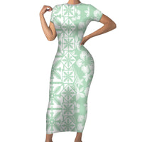 Pastel Green Kahili Quilt Hawaii Family Matching Short Sleeve Bodycon Dress and Hawaiian Shirt Tropical Flower Seamless Half Style LT14 Mom's Dress Green - Polynesian Pride