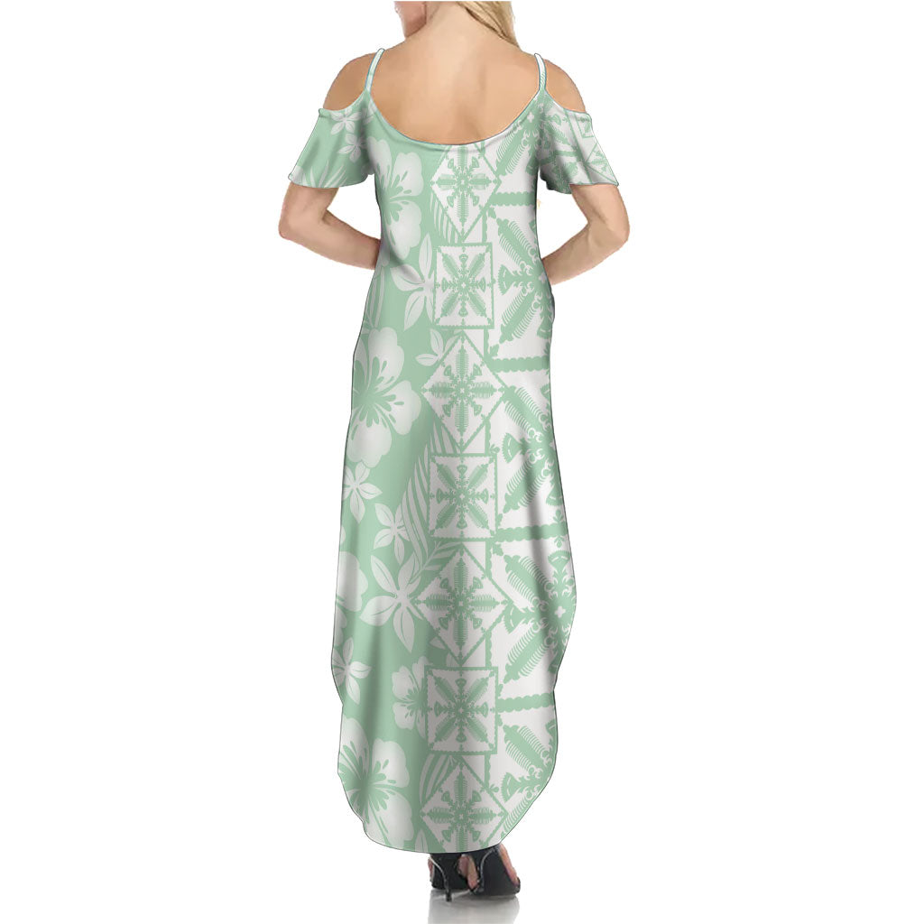 Pastel Green Kahili Quilt Hawaii Family Matching Summer Maxi Dress and Hawaiian Shirt Tropical Flower Seamless Half Style LT14 - Polynesian Pride
