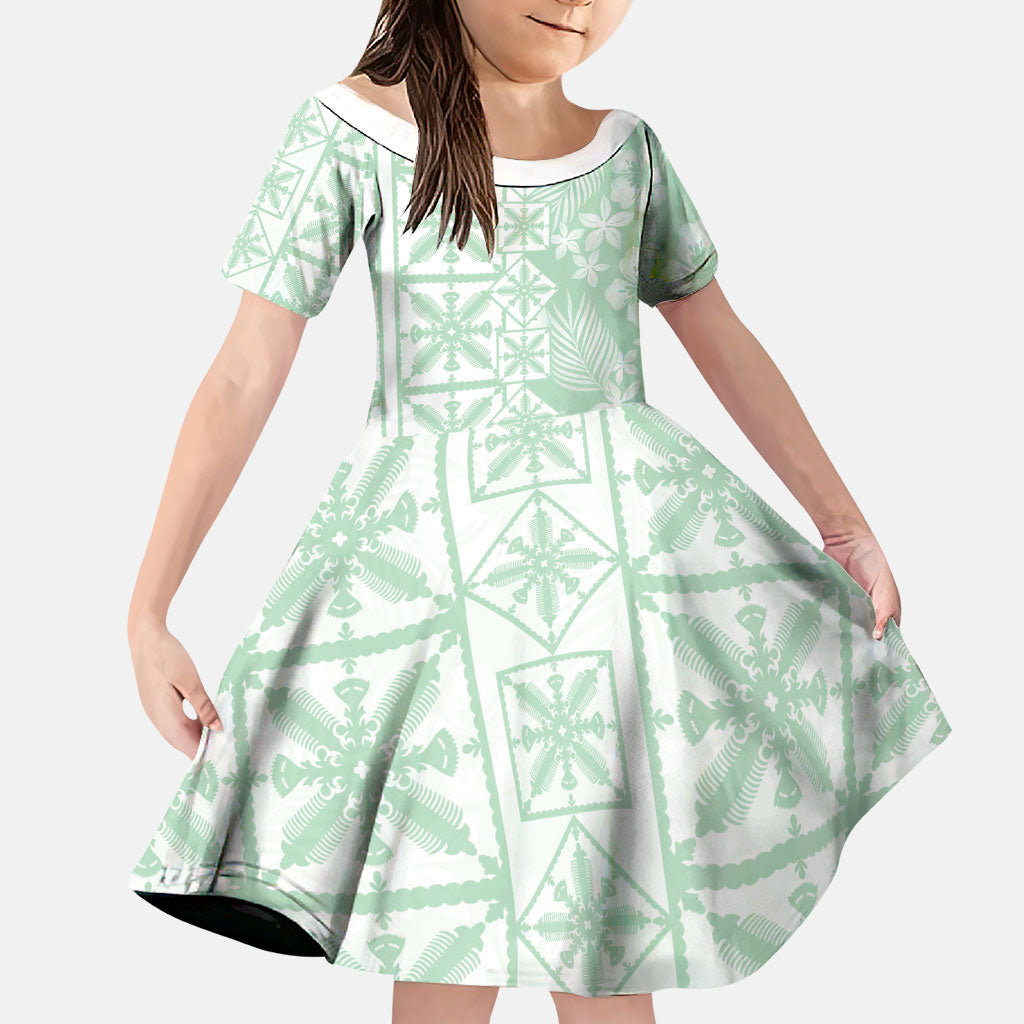 Pastel Green Kahili Quilt Hawaii Family Matching Tank Maxi Dress and Hawaiian Shirt Tropical Flower Seamless Half Style LT14 Daughter's Dress Green - Polynesian Pride