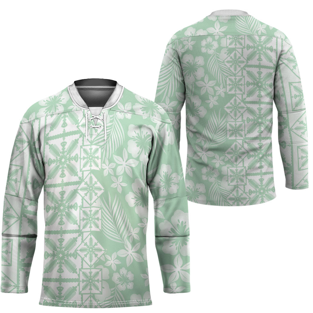 Pastel Green Kahili Quilt Hawaii Hockey Jersey Tropical Flower Seamless Half Style