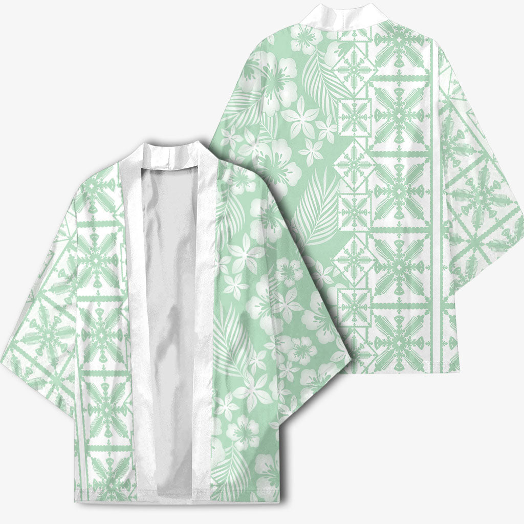 Pastel Green Kahili Quilt Hawaii Kimono Tropical Flower Seamless Half Style