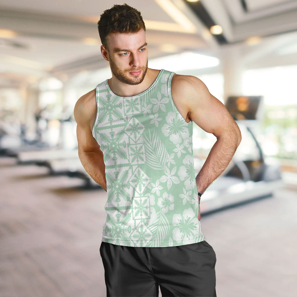 Pastel Green Kahili Quilt Hawaii Men Tank Top Tropical Flower Seamless Half Style