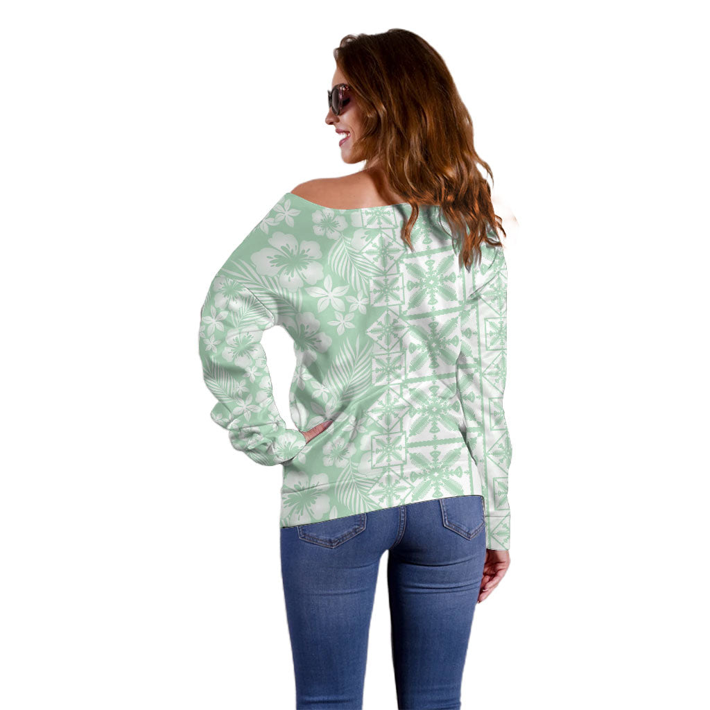 Pastel Green Kahili Quilt Hawaii Off Shoulder Sweater Tropical Flower Seamless Half Style