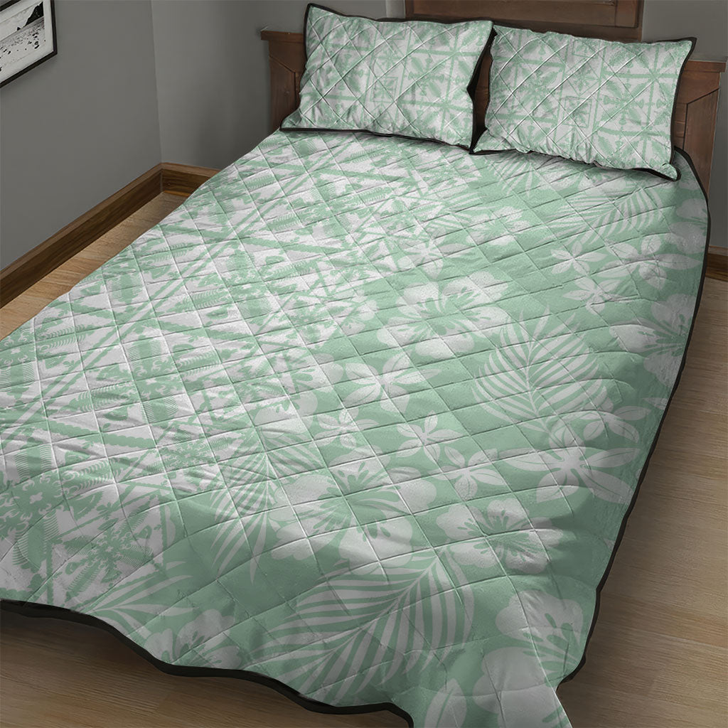 Pastel Green Kahili Quilt Hawaii Quilt Bed Set Tropical Flower Seamless Half Style