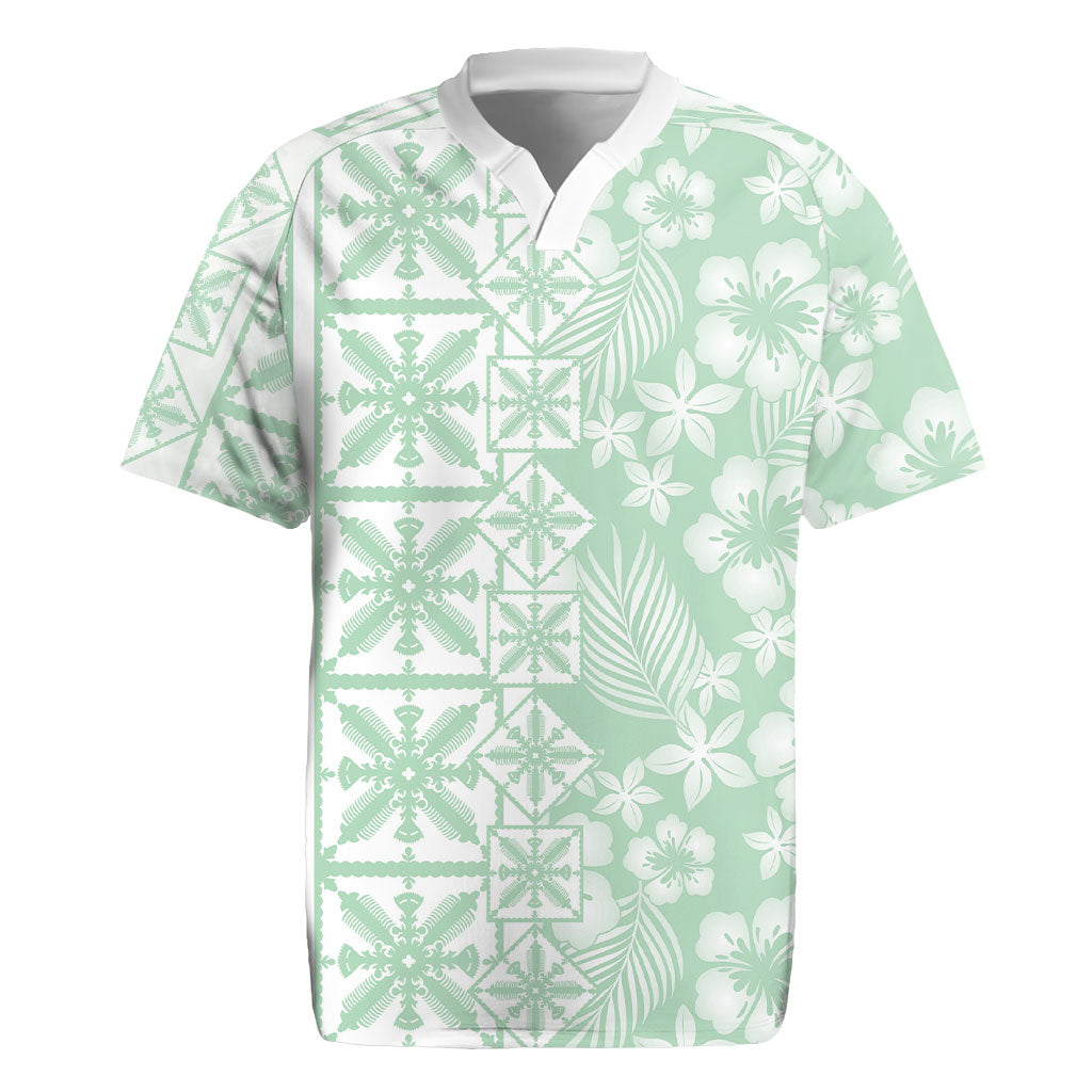 Pastel Green Kahili Quilt Hawaii Rugby Jersey Tropical Flower Seamless Half Style LT14 Green - Polynesian Pride