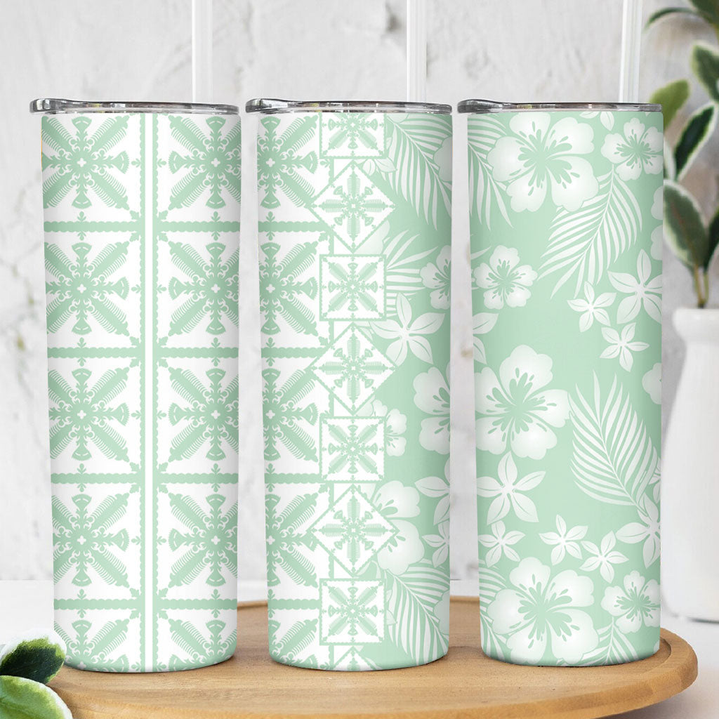 Pastel Green Kahili Quilt Hawaii Skinny Tumbler Tropical Flower Seamless Half Style LT14 - Polynesian Pride