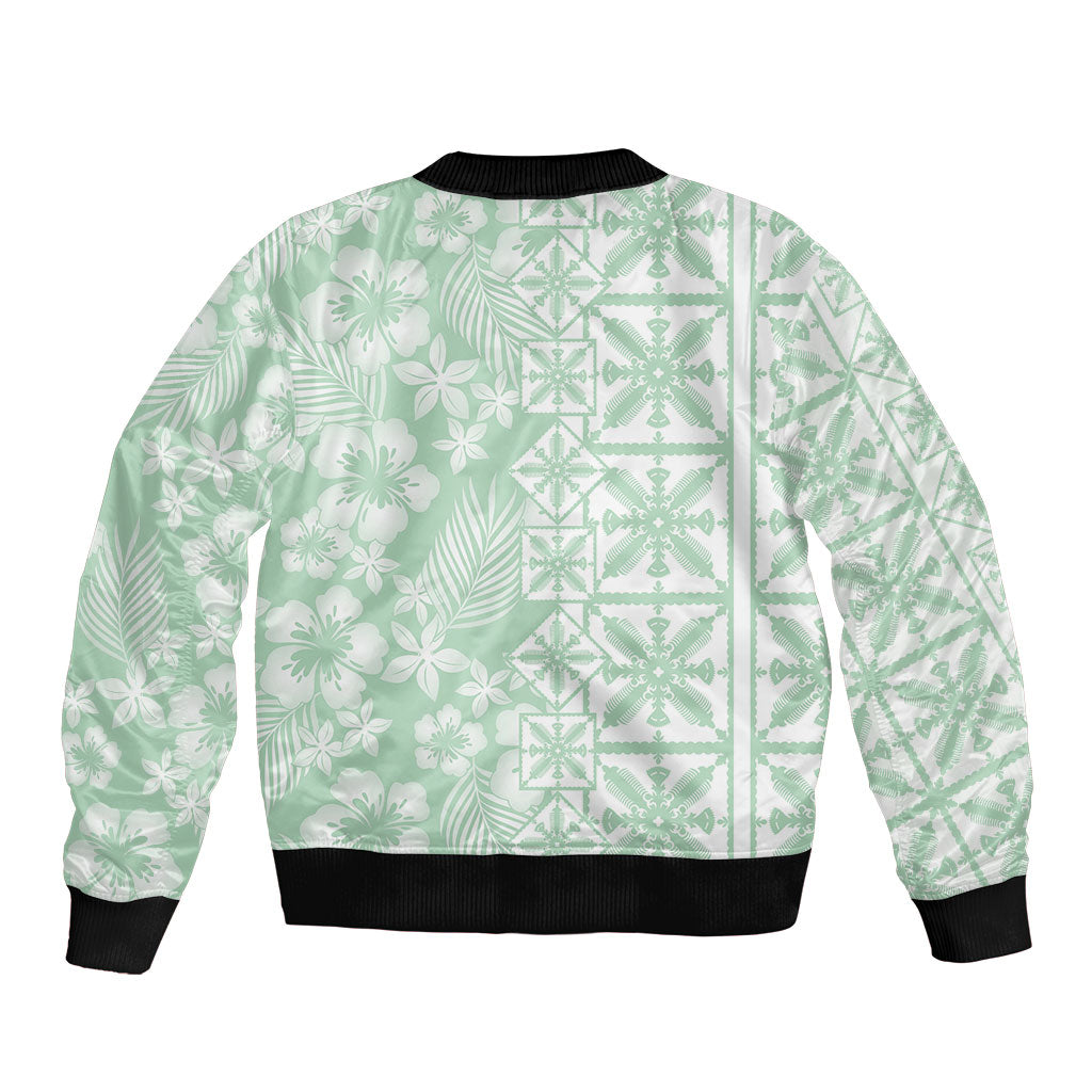 Pastel Green Kahili Quilt Hawaii Sleeve Zip Bomber Jacket Tropical Flower Seamless Half Style