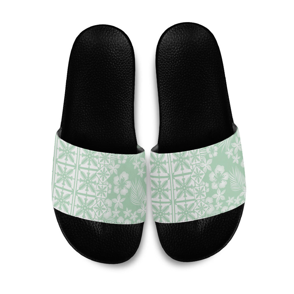 Pastel Green Kahili Quilt Hawaii Slide Sandals Tropical Flower Seamless Half Style