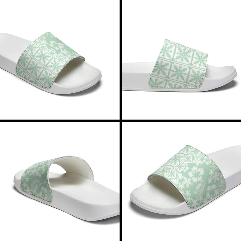 Pastel Green Kahili Quilt Hawaii Slide Sandals Tropical Flower Seamless Half Style