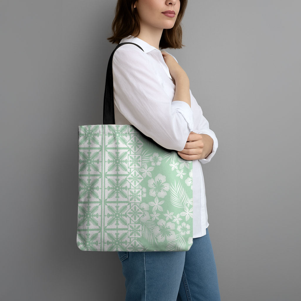 Pastel Green Kahili Quilt Hawaii Tote Bag Tropical Flower Seamless Half Style
