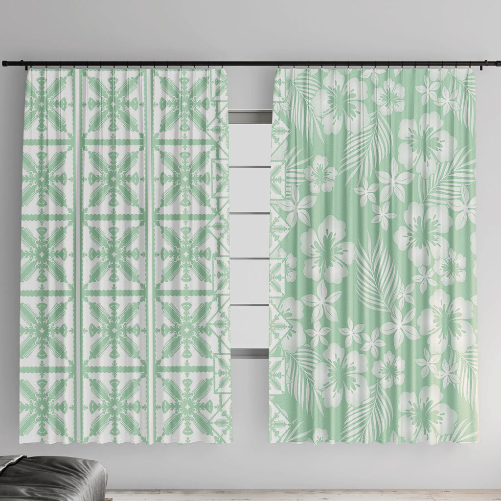 Pastel Green Kahili Quilt Hawaii Window Curtain Tropical Flower Seamless Half Style LT14 With Hooks Green - Polynesian Pride
