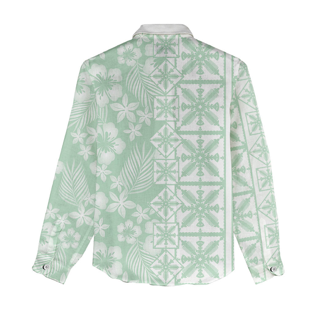 Pastel Green Kahili Quilt Hawaii Women Casual Shirt Tropical Flower Seamless Half Style