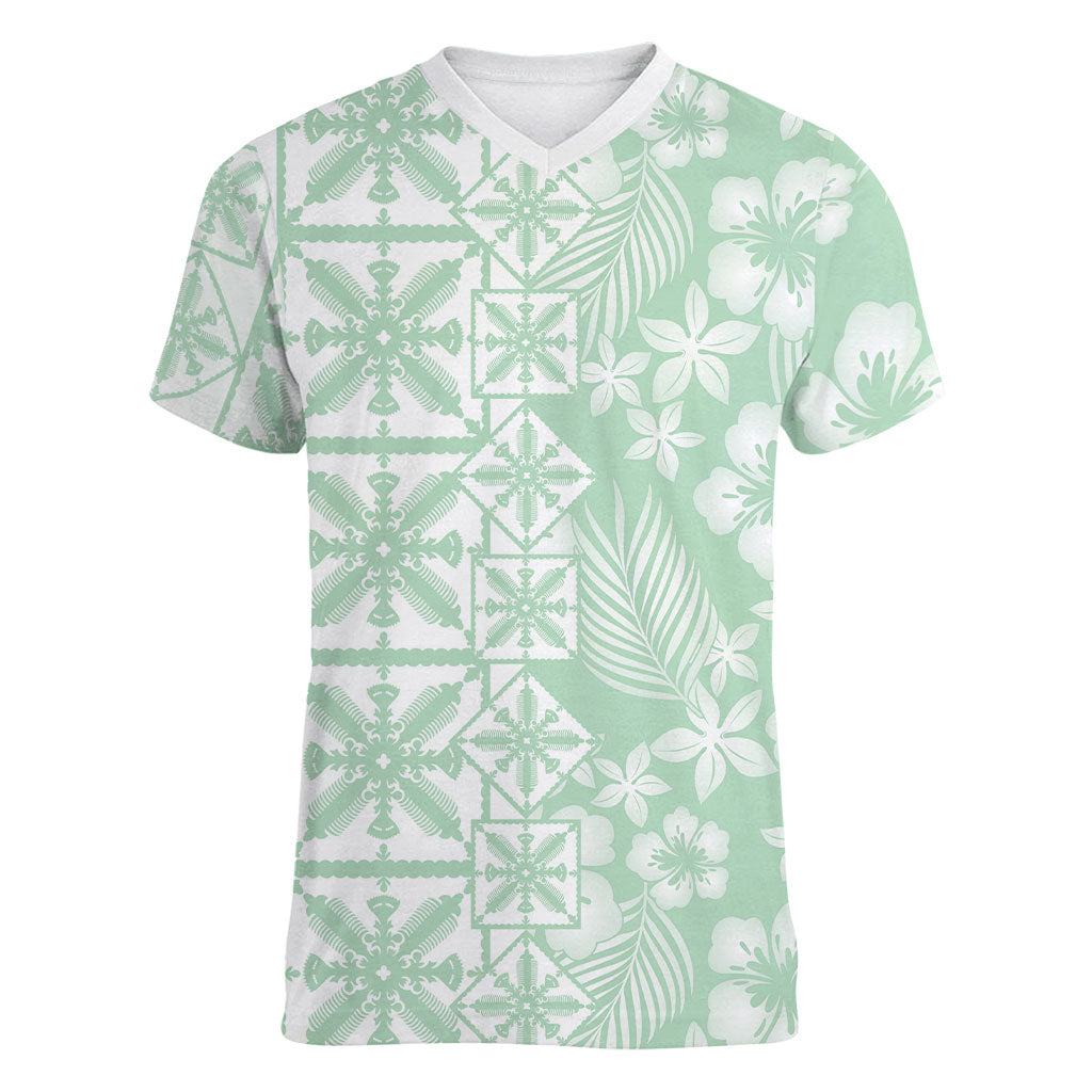 Pastel Green Kahili Quilt Hawaii Women V-Neck T-Shirt Tropical Flower Seamless Half Style LT14 Female Green - Polynesian Pride