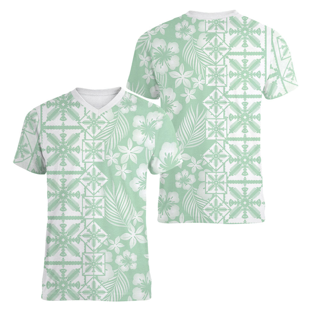 Pastel Green Kahili Quilt Hawaii Women V-Neck T-Shirt Tropical Flower Seamless Half Style LT14 - Polynesian Pride