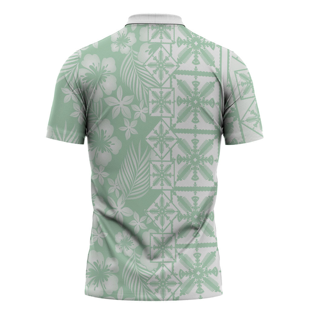 Pastel Green Kahili Quilt Hawaii Zipper Polo Shirt Tropical Flower Seamless Half Style