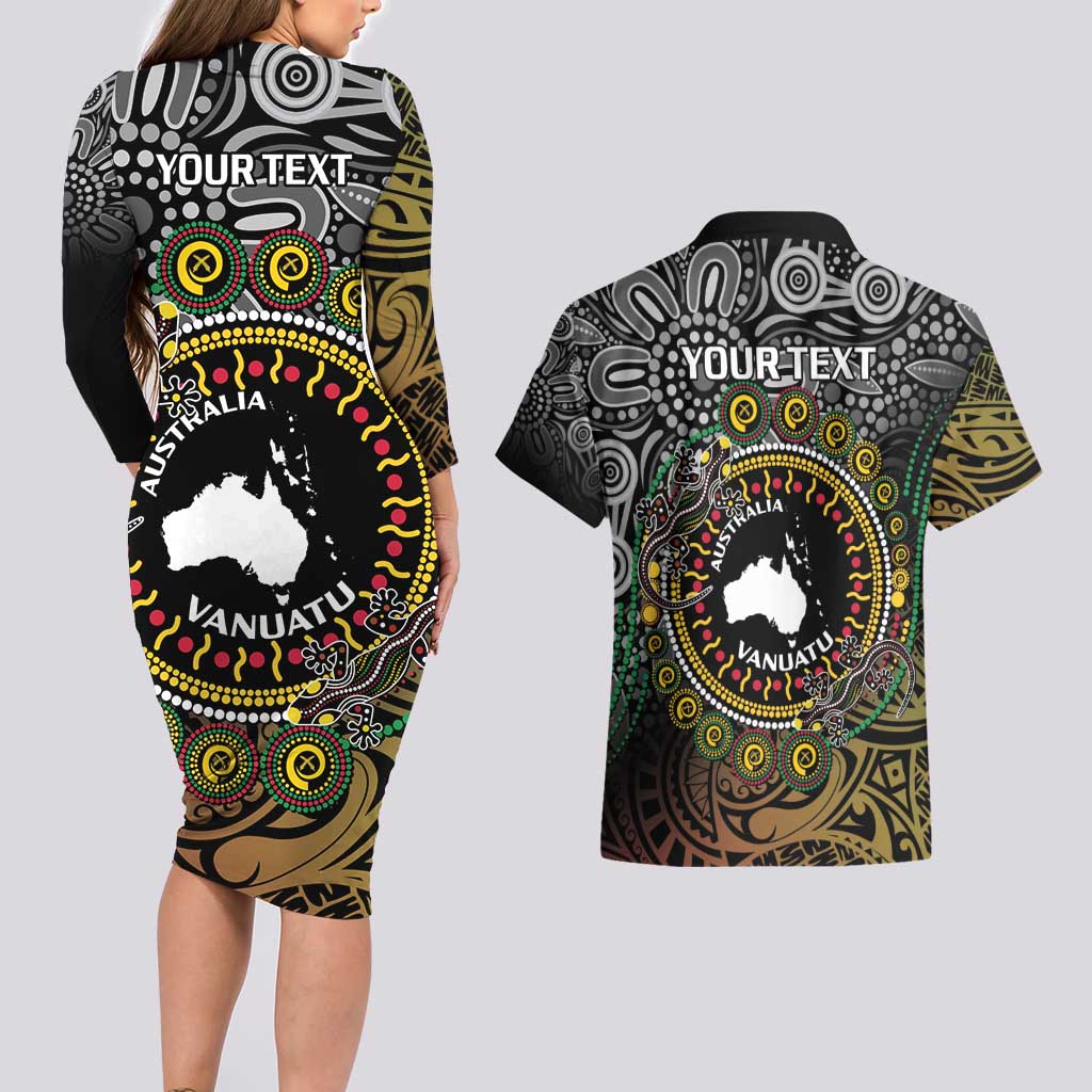 Personalised Australia And Vanuatu Couples Matching Long Sleeve Bodycon Dress and Hawaiian Shirt Aboriginal Lizard Polynesia Ni-Van Pig Tusk LT14 - Polynesian Pride