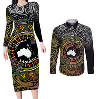 Personalised Australia And Vanuatu Couples Matching Long Sleeve Bodycon Dress and Long Sleeve Button Shirt Aboriginal Lizard Polynesia Ni-Van Pig Tusk LT14 Black - Polynesian Pride