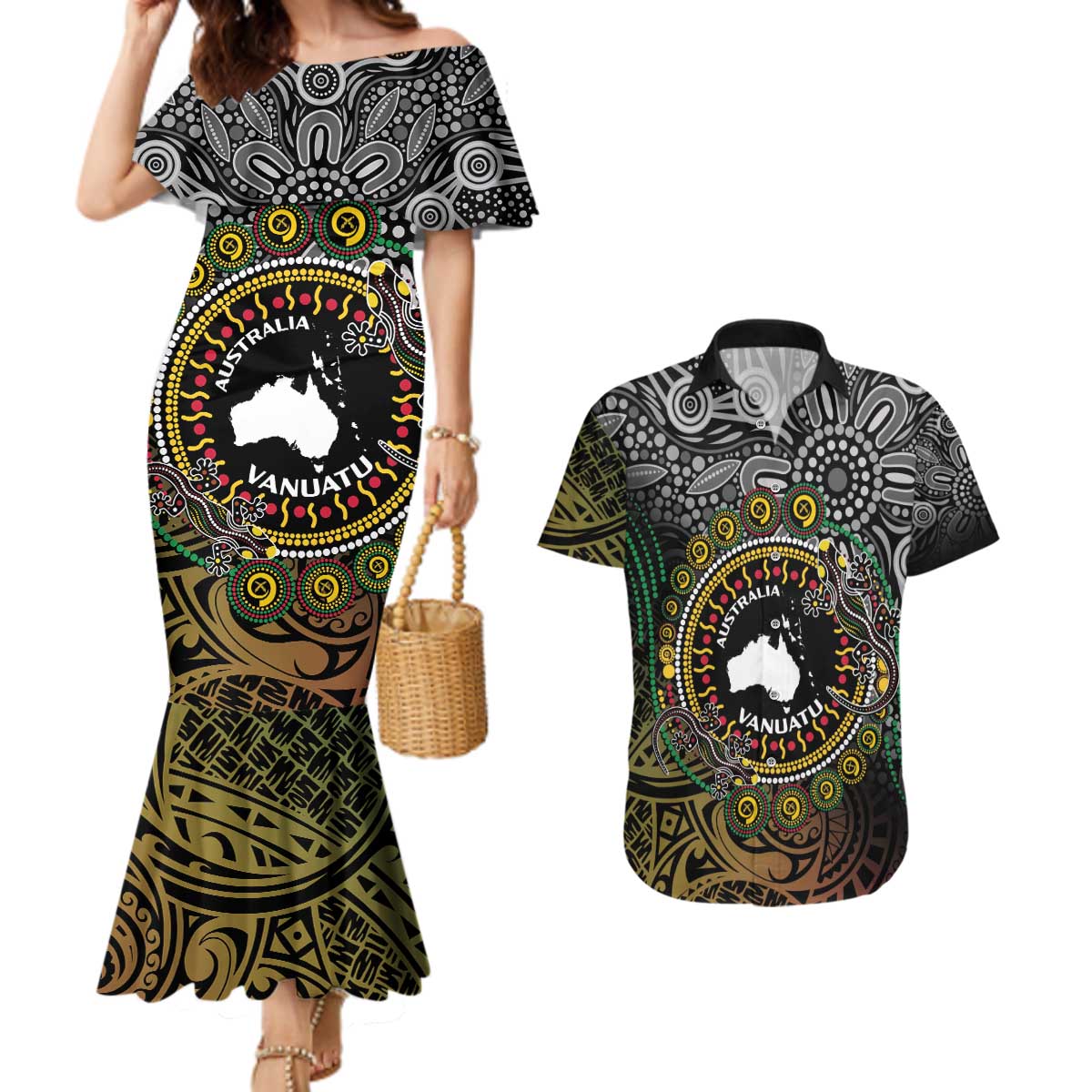 Personalised Australia And Vanuatu Couples Matching Mermaid Dress and Hawaiian Shirt Aboriginal Lizard Polynesia Ni-Van Pig Tusk LT14 Black - Polynesian Pride