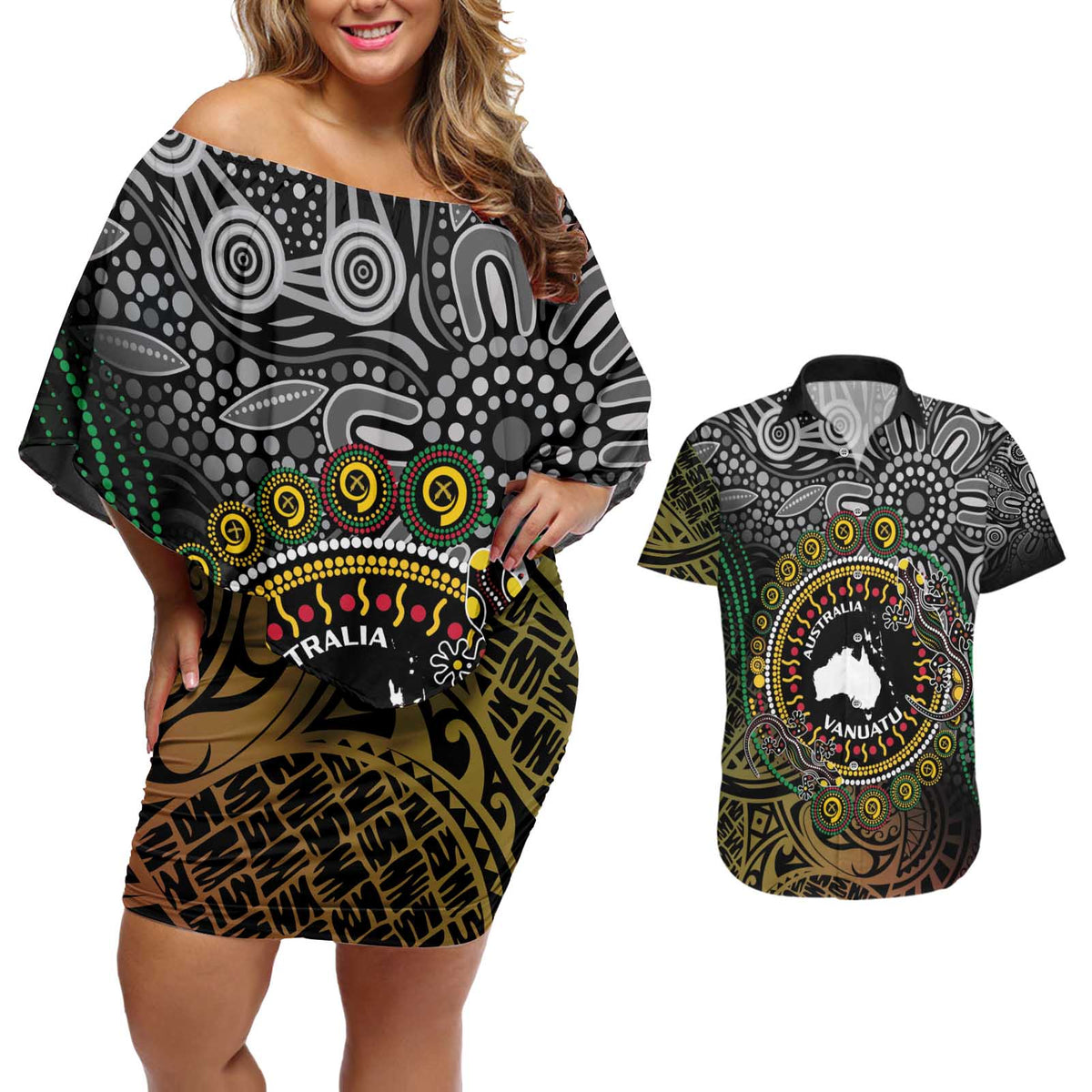 Personalised Australia And Vanuatu Couples Matching Off Shoulder Short Dress and Hawaiian Shirt Aboriginal Lizard Polynesia Ni-Van Pig Tusk LT14 Black - Polynesian Pride