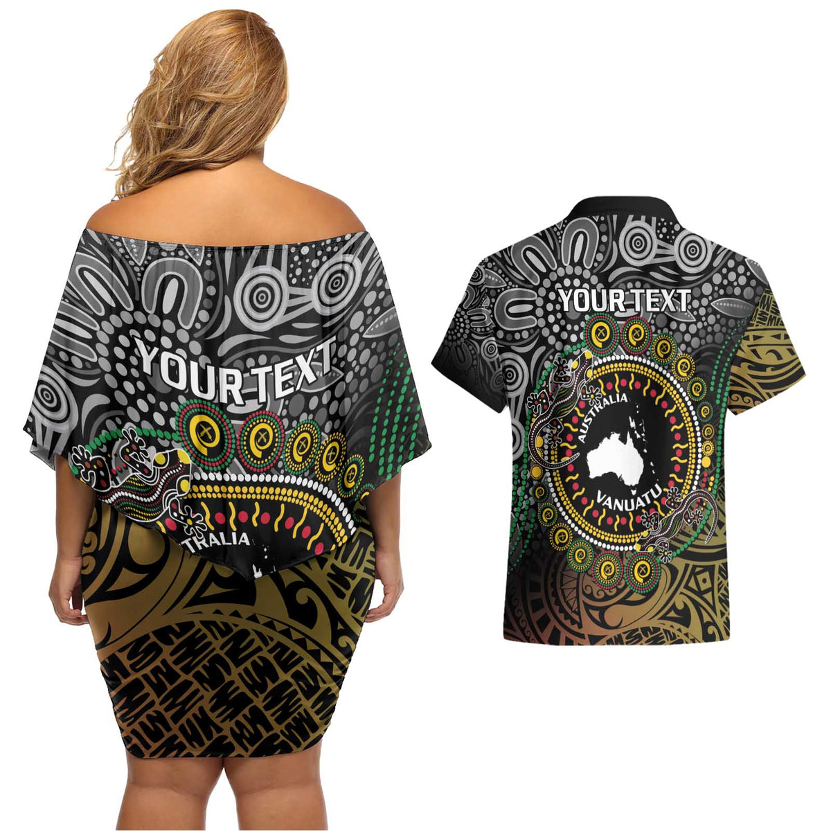 Personalised Australia And Vanuatu Couples Matching Off Shoulder Short Dress and Hawaiian Shirt Aboriginal Lizard Polynesia Ni-Van Pig Tusk LT14 - Polynesian Pride