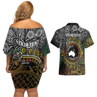 Personalised Australia And Vanuatu Couples Matching Off Shoulder Short Dress and Hawaiian Shirt Aboriginal Lizard Polynesia Ni-Van Pig Tusk LT14 - Polynesian Pride