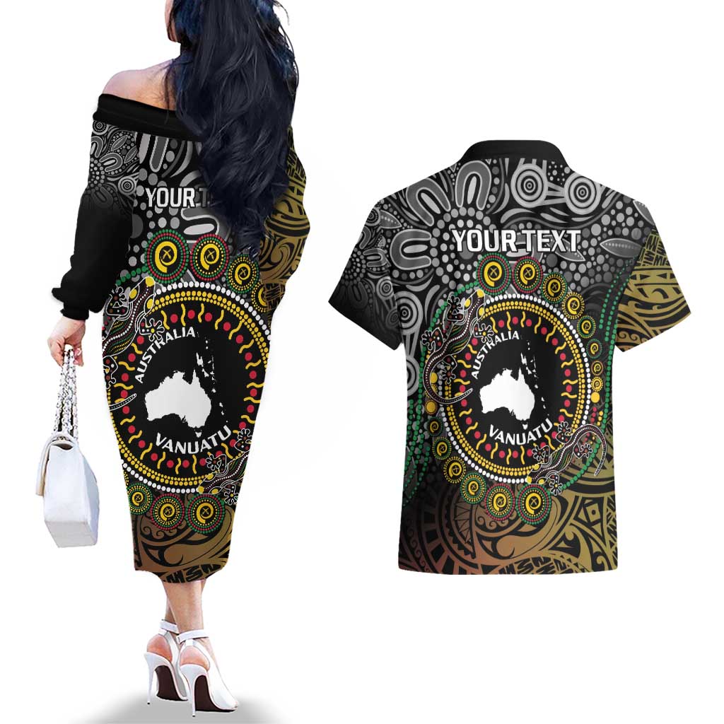 Personalised Australia And Vanuatu Couples Matching Off The Shoulder Long Sleeve Dress and Hawaiian Shirt Aboriginal Lizard Polynesia Ni-Van Pig Tusk LT14 - Polynesian Pride