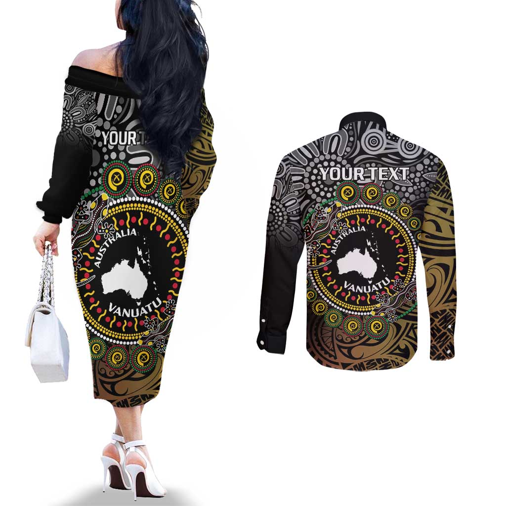 Personalised Australia And Vanuatu Couples Matching Off The Shoulder Long Sleeve Dress and Long Sleeve Button Shirt Aboriginal Lizard Polynesia Ni-Van Pig Tusk LT14 - Polynesian Pride