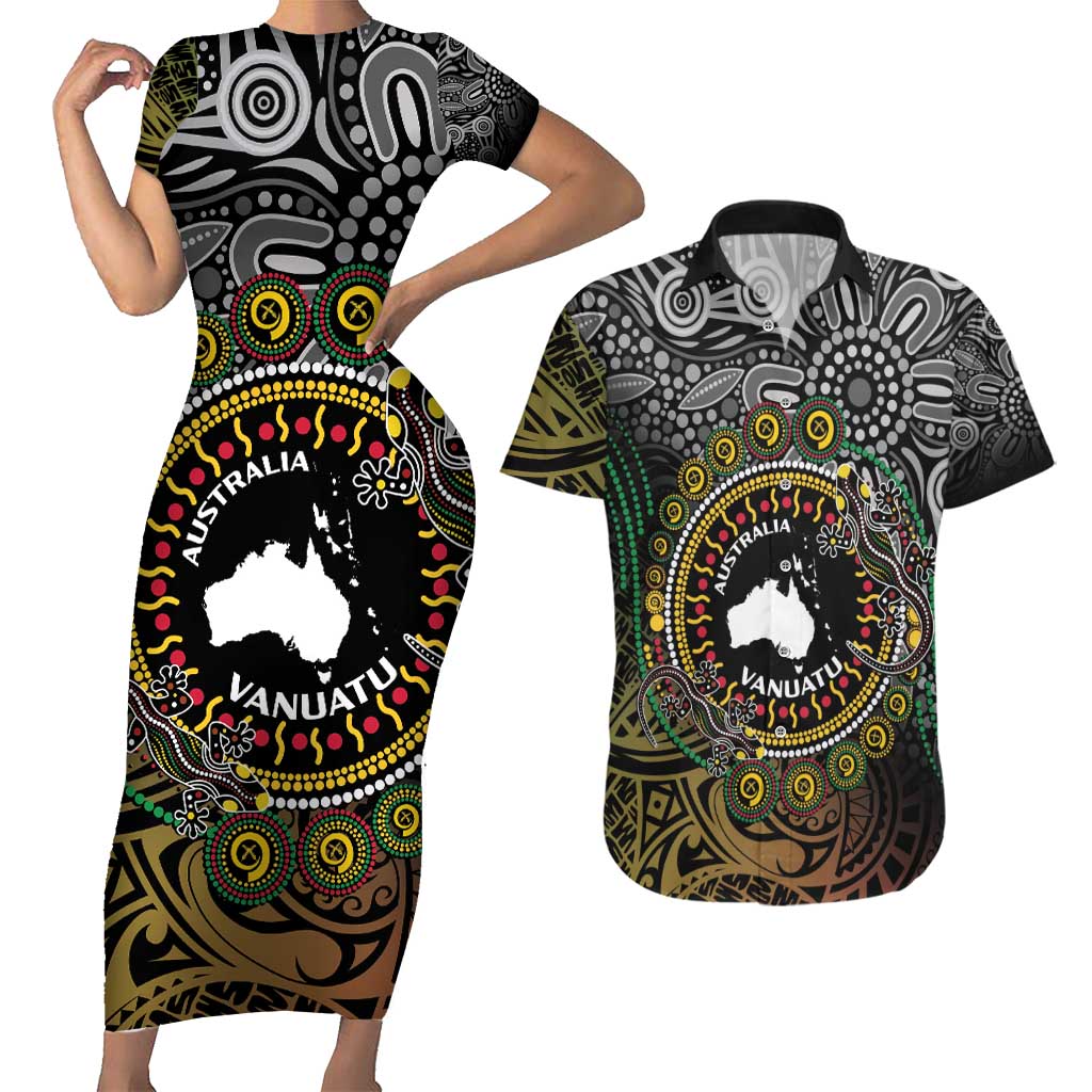 Personalised Australia And Vanuatu Couples Matching Short Sleeve Bodycon Dress and Hawaiian Shirt Aboriginal Lizard Polynesia Ni-Van Pig Tusk LT14 Black - Polynesian Pride