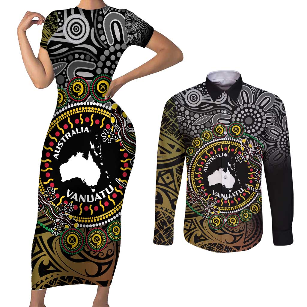 Personalised Australia And Vanuatu Couples Matching Short Sleeve Bodycon Dress and Long Sleeve Button Shirt Aboriginal Lizard Polynesia Ni-Van Pig Tusk LT14 Black - Polynesian Pride