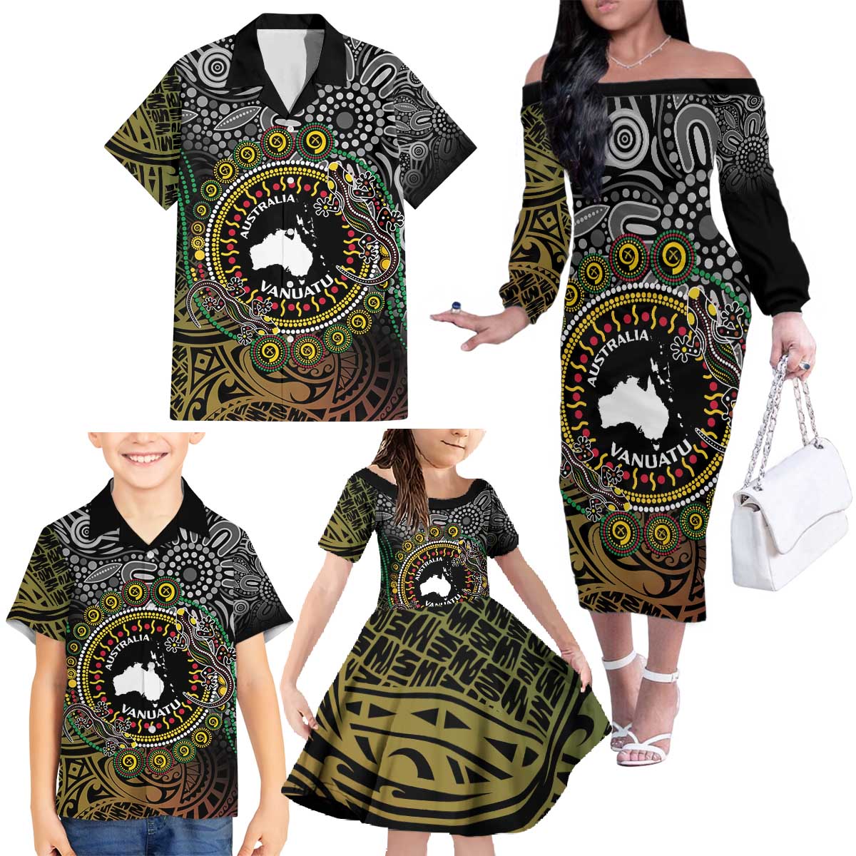 Personalised Australia And Vanuatu Family Matching Off The Shoulder Long Sleeve Dress and Hawaiian Shirt Aboriginal Lizard Polynesia Ni-Van Pig Tusk LT14 - Polynesian Pride