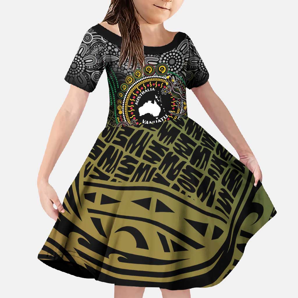 Personalised Australia And Vanuatu Family Matching Off Shoulder Maxi Dress and Hawaiian Shirt Aboriginal Lizard Polynesia Ni-Van Pig Tusk LT14 Daughter's Dress Black - Polynesian Pride