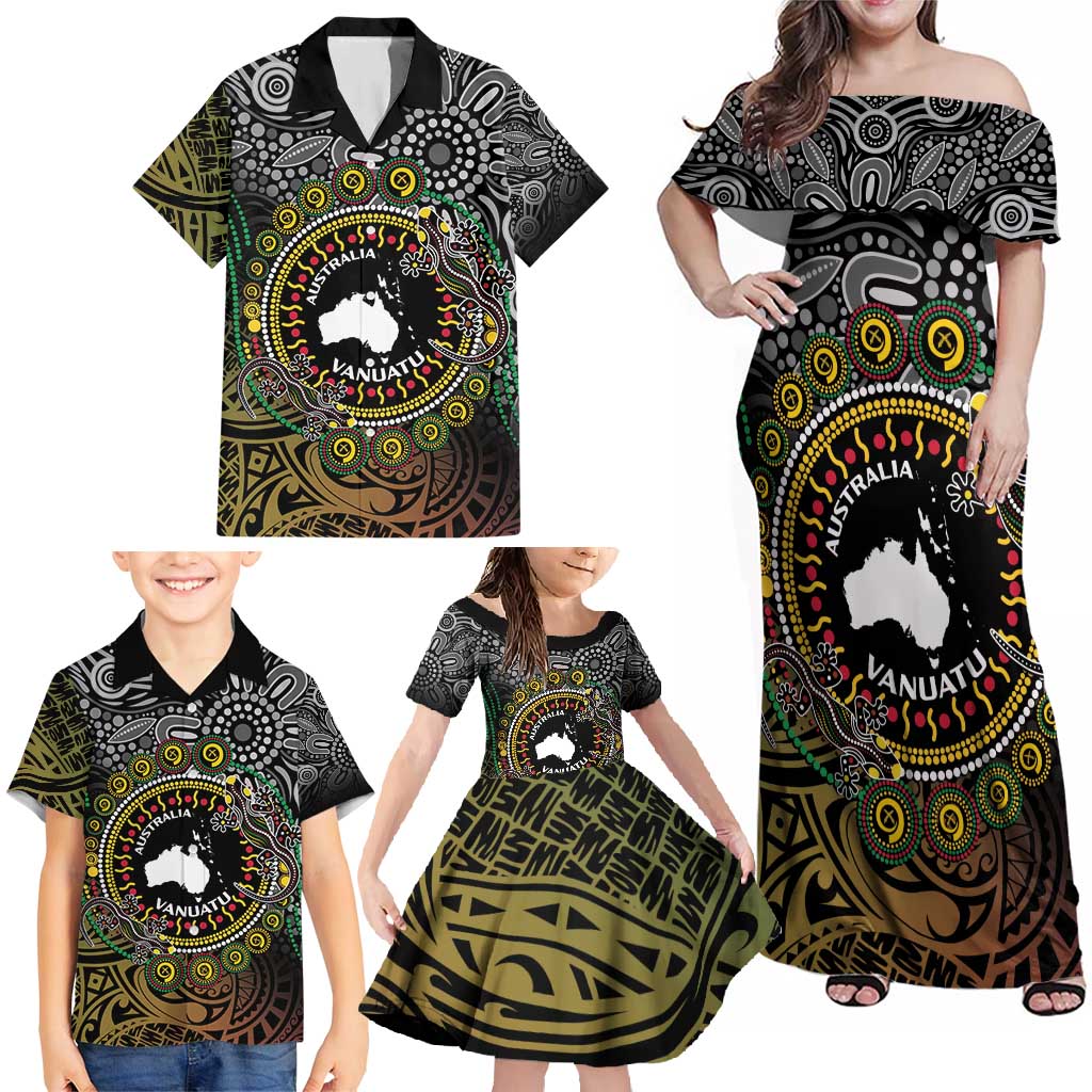 Personalised Australia And Vanuatu Family Matching Off Shoulder Maxi Dress and Hawaiian Shirt Aboriginal Lizard Polynesia Ni-Van Pig Tusk LT14 - Polynesian Pride