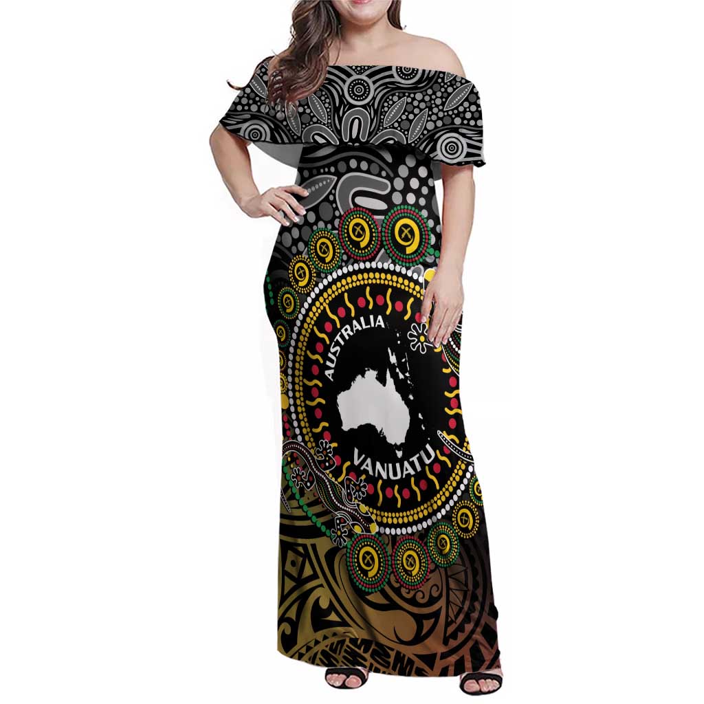 Personalised Australia And Vanuatu Family Matching Off Shoulder Maxi Dress and Hawaiian Shirt Aboriginal Lizard Polynesia Ni-Van Pig Tusk LT14 Mom's Dress Black - Polynesian Pride