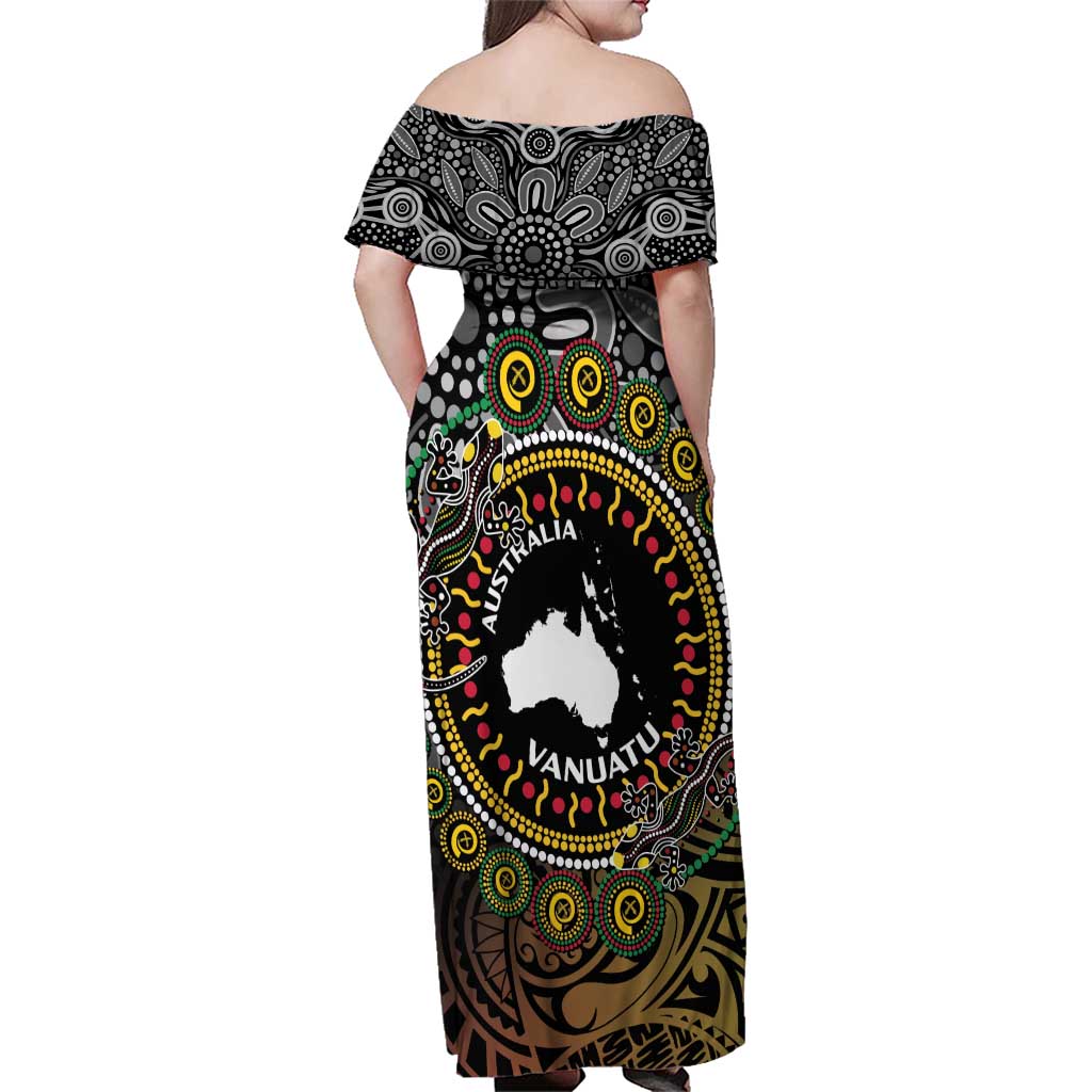 Personalised Australia And Vanuatu Family Matching Off Shoulder Maxi Dress and Hawaiian Shirt Aboriginal Lizard Polynesia Ni-Van Pig Tusk LT14 - Polynesian Pride