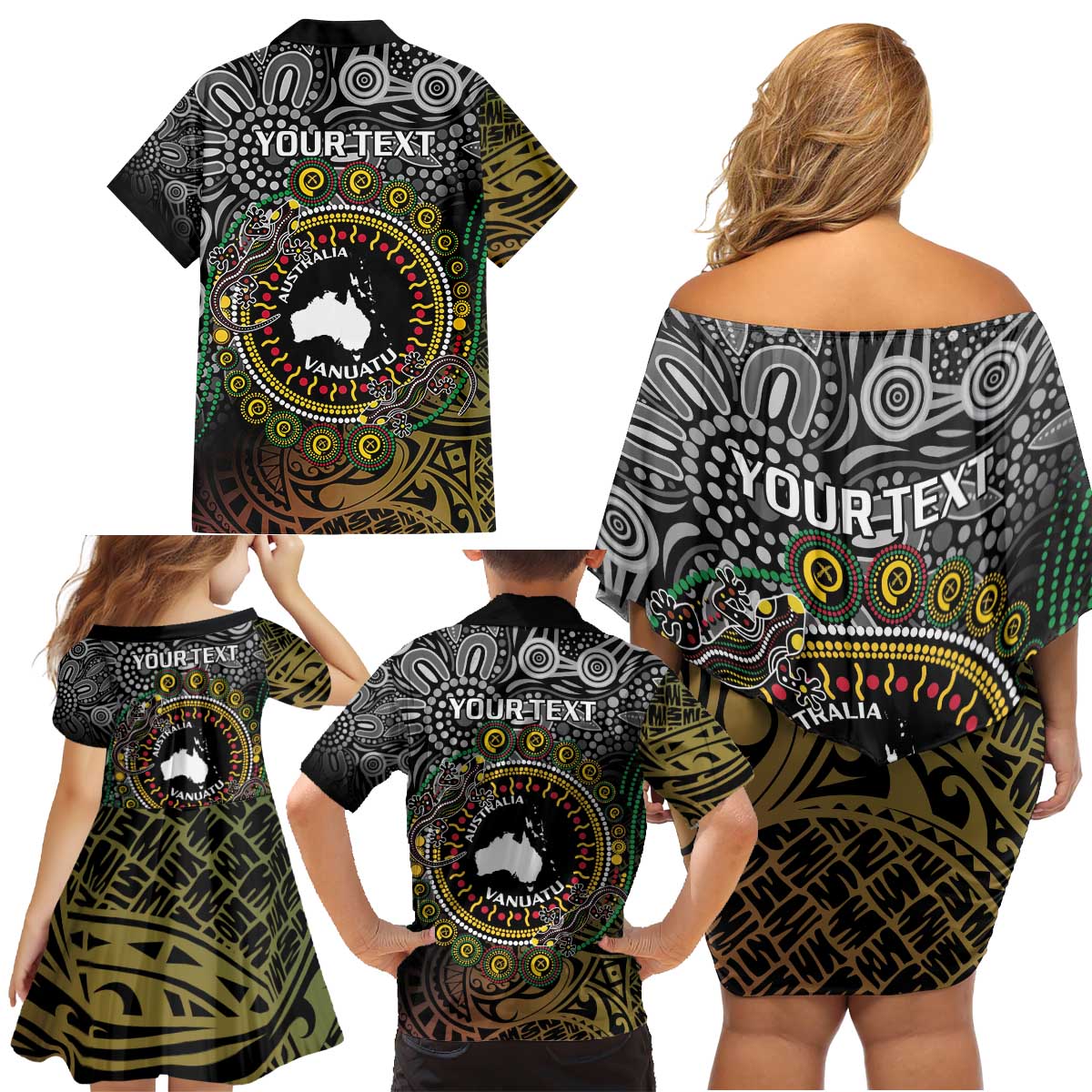 Personalised Australia And Vanuatu Family Matching Off Shoulder Short Dress and Hawaiian Shirt Aboriginal Lizard Polynesia Ni-Van Pig Tusk LT14 - Polynesian Pride